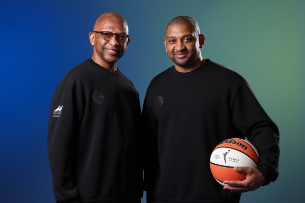 Sky coach Tyler Marsh, right, stands with his father, basketball operations specialist Donnie Marsh, at media day Monday, May 12, 2025. (Eileen T. Meslar/Chicago Tribune)