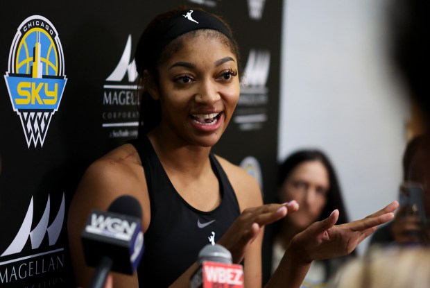 Chicago Sky player Angel Reese answers media questions after the first day of training camp at Sachs Recreation Center in Deerfield on April 27, 2025. (Eileen T. Meslar/Chicago Tribune)