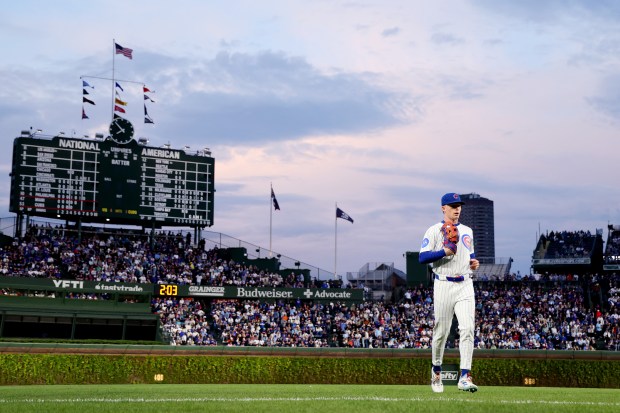 Pete Crow-Armstrong #4 of the Chicago Cubs looks on against the Miami Marlins at Wrigley Field on May 12, 2025 in Chicago, Illinois. (Photo by Michael Reaves/Getty Images)