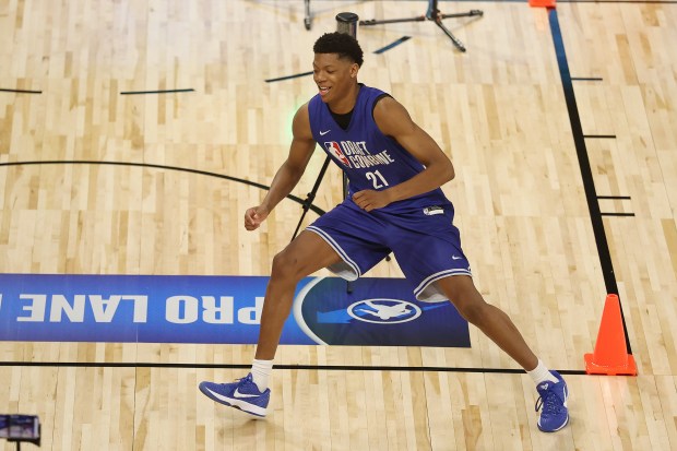 Ace Bailey takes part in the pro lane drill during the NBA draft combine on May 13, 2025, at Wintrust Arena. (Michael Reaves/Getty Images)