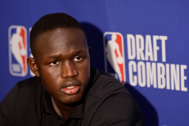 Duke's Khaman Maluach answers questions from reporters during media availability at the NBA draft combine on May 14, 2025, at Wintrust Arena. (Michael Reaves/Getty Images)