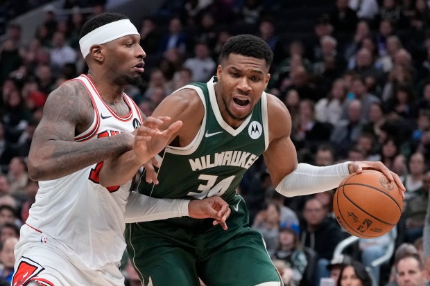 Milwaukee Bucks' Giannis Antetokounmpo tries to get past Chicago Bulls' Torrey Craig during the second half of an NBA basketball game Wednesday, Nov. 20, 2024, in Milwaukee. Tyhe Bucks won 122-106. (AP Photo/Morry Gash)