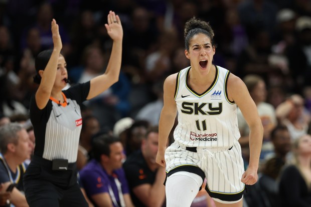 The Sky's Kia Nurse reacts to a 3-point shot against the Mercury during the first half on May 27, 2025, in Phoenix. (Christian Petersen/Getty Images)