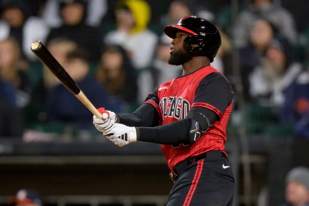 White Sox center fielder Luis Robert Jr. watches the flight of a solo home run in the fifth inning against the Astros on May 2, 2025, at Rate Field. (Matt Dirksen/Getty Images)