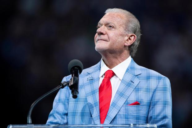 Indianapolis Colts owner Jim Irsay talks during the Hall of Fame ring ceremony for Peyton Manning and Edgerrin James during a game on Sept. 19, 2021, in Indianapolis. (Zach Bolinger/AP)
