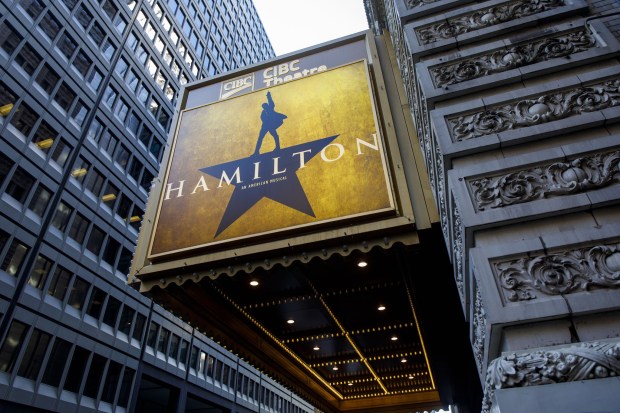 The marquee before the final production of "Hamilton" in Chicago on Sunday, Jan. 5, 2020 at the CIBC Theatre. (Brian Cassella/Chicago Tribune)