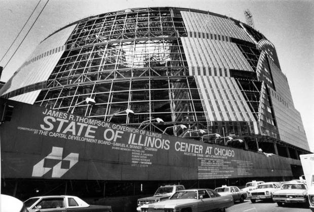 The State of Illinois Center, shown in 1983, was a 17-story, 1.2 million-square-foot building bound by Lake, LaSalle, Randolph and Clark streets and the pet project of Gov. Jim Thompson. It opened in May 1985. (Anne Cusack/Chicago Tribune)