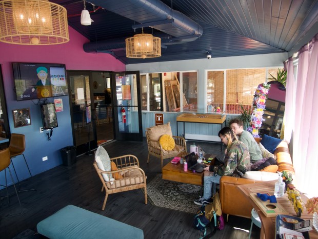 The interior patio of Spark'd, a cannabis store in Winthrop Harbor. Store manager Jennifer Cruz said she sees all sorts of people, from grandparents to police officers, mingle at their shop. (Joe States/Lake County News-Sun)