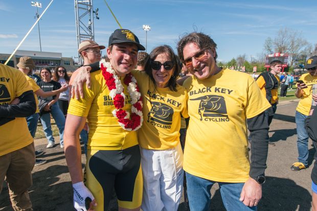 Will Wagner, left, pictured with his parents on April 26 after competing on a four-person team to win the Little 500, the largest collegiate bike race in the country held annually at Indiana University's Bill Armstrong Stadium in Bloomington. (Blueline)