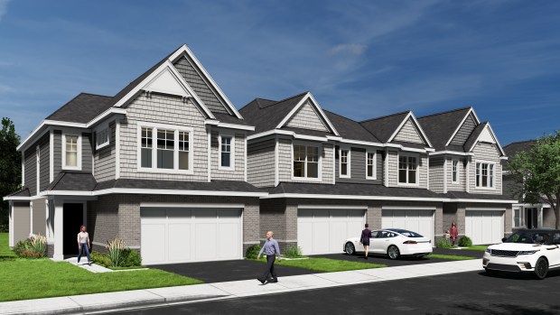 Rental townhouses proposed for The Residences at Naper & Plank would be two stories tall with two or three bedrooms located along the west side of the development, near existing single-family houses. (Lincoln Property Co.)