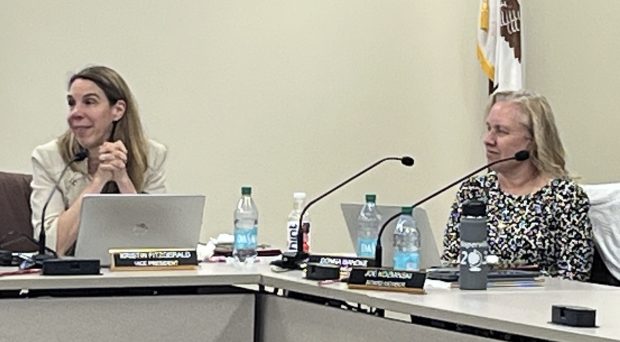 Kristen Fitzgerald, left, and Donna Wandke were recognized at Monday night's Naperville District 203 School Board meeting for serving three four-year board terms. Both women opted not to seek reelection in April. (Michelle Mullins/Naperville Sun)