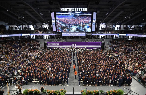 The Class of 2025. Evanston Township High School's end of commencement at Northwestern University's Welsh-Ryan Arena at McGaw Memorial Hall in Evanston on May 18, 2025. (Karie Angell Luc/Pioneer Press)