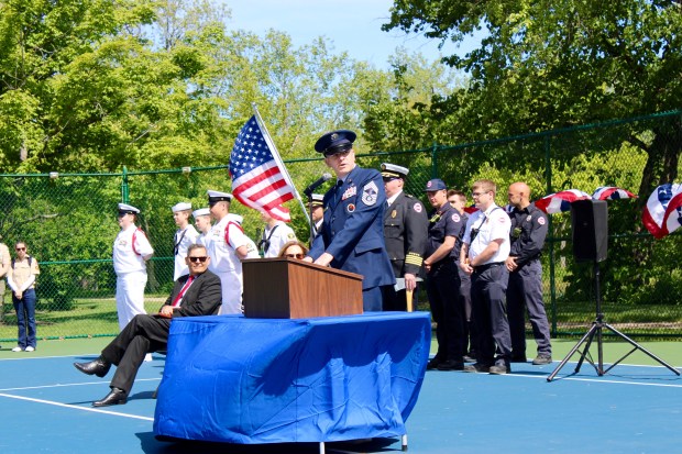 Chief Master Sergeant Daniel J. Kenemore, United States Air Force, offers the keynote address during Monday's Village of Lincolnshire Memorial Day Commemoration at Spring Lake Park. (Gina Grillo/ for the Pioneer Press)