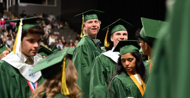 Graduates at the Adlai E. Stevenson High School commencement at NOW Arena in Hoffman Estates on May 23, 2025. (Karie Angell Luc/Pioneer Press)
