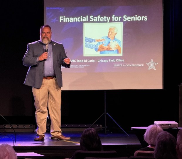 Assistant to the Special Agent in Charge Todd DiCarlo, of the U.S. Secret Service - Chicago Field Office, offers tips recently at GracePoint Church in Valparaiso for older people on how to identify and avoid common financial scams targeting them. The Porter County Prosecutor's Office, Valparaiso Police Department and the Porter County Sheriff's Office supported the program, the Financial Safety Summit for Seniors. (Photo courtesy of the U.S. Secret Service)