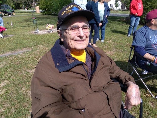 George Kelchak, 98, an Army veteran of World War II, attends the Memorial Day ceremony Monday, May 26, 2025, at Chesterton Cemetery. (Jim Woods/for Post-Tribune)