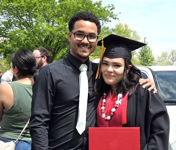 Sierra Vasquez and her fiance Michael Carpenter pose after her IU Northwest graduation Wednesday. (Photo courtesy of Apples Cullum Knapp)