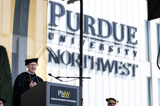 Joe Dudy, president and CEO of Wilson Sporting Goods, delivers the keynote address during commencement at Purdue University Northwest, on Saturday, May 10, 2025, in Hammond. (Vincent D. Johnson / for the Post-Tribune)