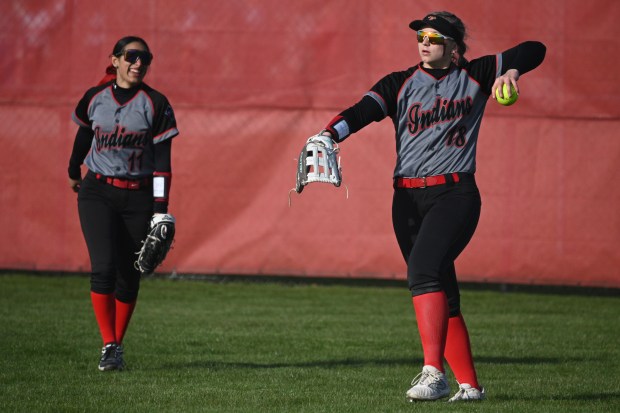 Portage outfielder Erin Fausch throws the ball