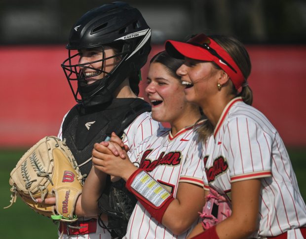 Andrean teammates Lanie Doukas, Sadie Drousias and Micah Snider