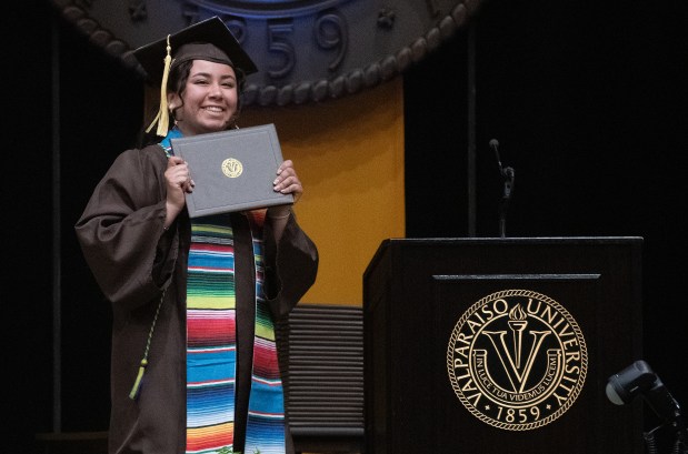 Angela Primiani smiles after receiving her bachelor's degree during the 2025 conferring of degrees ceremony at Valparaiso University in Valparaiso, Indiana, Saturday, May 10, 2025. Primiani is from Hebron, Indiana. (Andy Lavalley/for the Post-Tribune)