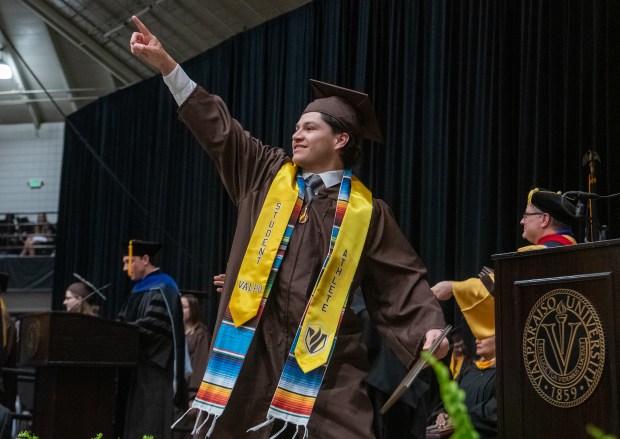 Max Franko celebrates during the 2025 conferring of degrees ceremony at Valparaiso University in Valparaiso, Indiana, Saturday, May 10, 2025. Franko, of La Habra, California, earned a B.A. in psychology. (Andy Lavalley/for the Post-Tribune)