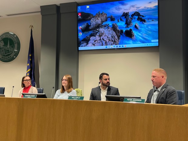 Valparaiso City Councilman Peter Anderson, far right, addresses the council and Valparaiso University representatives during a council meeting Monday, May 12, 2025, about the city acting as a conduit for a $117 million general obligation bond for the university. (Philip Potempa/for Post-Tribune)