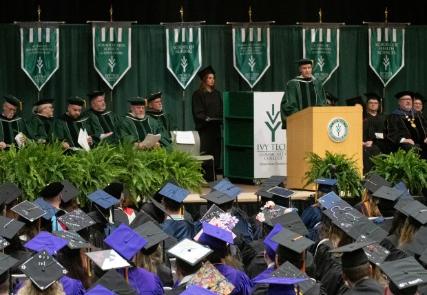 Chancellor Aco Sikoski speaks during the Spring 2025 Ivy Tech Community College commencement ceremonies at the Athletics-Recreation Center on the campus of Valparaiso University in Valparaiso, Indiana, Thursday, May 8, 2025. (Andy Lavalley/for the Post-Tribune).