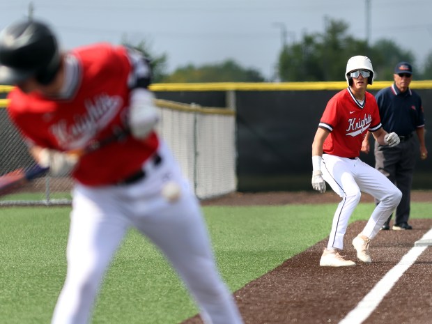 Lincoln-Way Central's Liam Arsich on third watches Conor McCabe at bat get hit by a pitch during the Class 4A Andrew Regional semifinal baseball game against T.F. South in Tinley Park on Wednesday, May 28, 2025. (James C. Svehla / for the Daily Southtown)