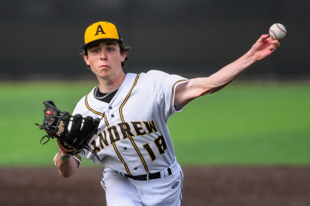 Andrew's Ben Reilly (18) throws a pitch during the Shepard at Andrew Class 4A Andrew Regional baseball semifinal in Tinley Park, IL on Thursday, May 29, 2025. (Andrew Burke-Stevenson/for the Daily Southtown)