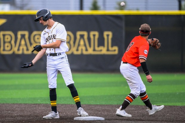 Andrew's Ryan Burns (5) gestures on second base after hitting a double during the Shepard at Andrew Class 4A Andrew Regional baseball semifinal in Tinley Park, IL on Thursday, May 29, 2025. (Andrew Burke-Stevenson/for the Daily Southtown)