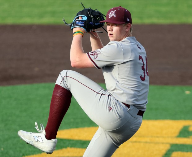 Brother Rice's pitcher Brady Cunningham during the baseball against St. Laurence in Burbank on Thursday, May 15, 2025. (James C. Svehla / for the Daily Southtown)