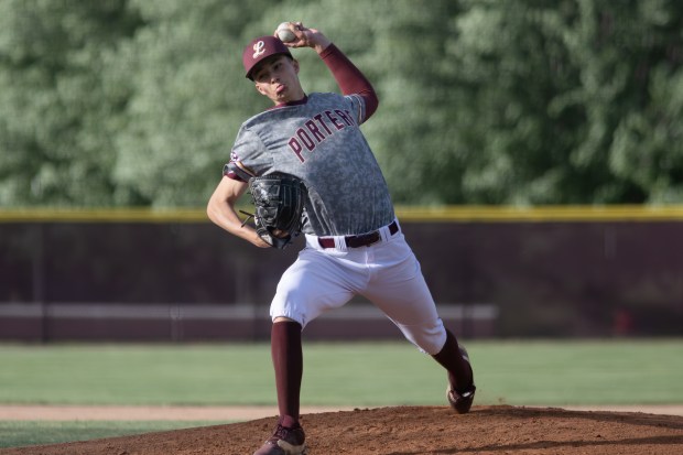 Lockport's Trace Schaaf (6) throws a pitch against Lincoln-Way East during a Southwest Suburban Conference game in Lockport on Friday, May 16, 2025. (Troy Stolt for the Daily Southtown)