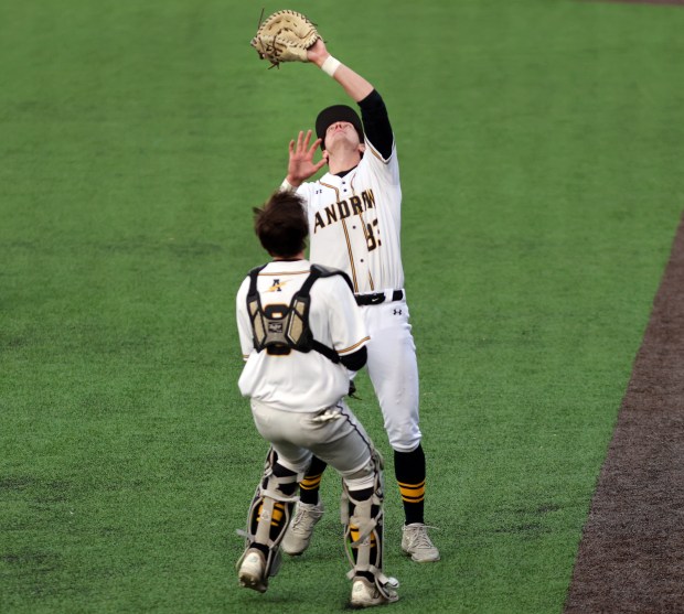 Andrew's 1st baseman Robby Pursel catches a foul ball during the baseball against Lincoln-Way West in Tinley Park on Wednesday, May. 7, 2025. (James C. Svehla / for the Daily Southtown)