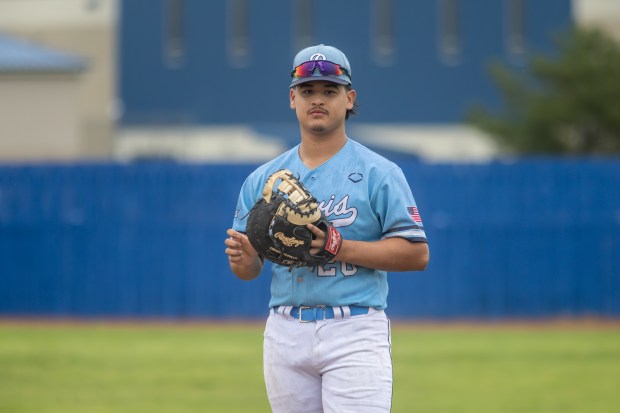 Reavis's Anthony Perez (20) poses for a portrait after a South Suburban Red Conference game against Oak Lawn was suspended because of inclement weather in Burbank on Tuesday, May 20, 2025. (Troy Stolt for the Daily Southtown)