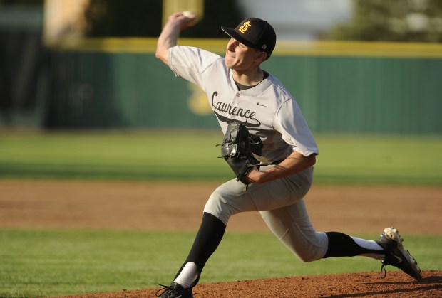 St. Laurence's pitcher John Strzechowski (18) delivers a pitch against Providence during a Chicago Catholic League game Monday, May 5, 2025 in New Lenox, IL. (Steve Johnston/for the Daily Southtown)