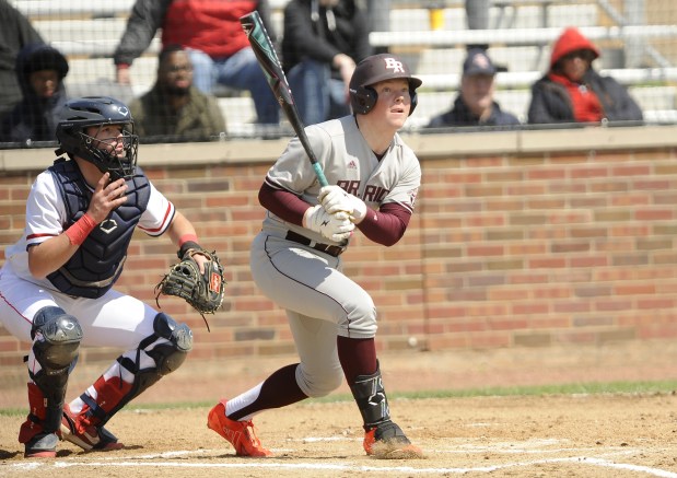 Brother Rice's Conner Stack (2) watches the ball after connecting against St. Rita during a Chicago Catholic League game Saturday, May 3, 2025 in Chicago, IL. (Steve Johnston/for the Daily Southtown)