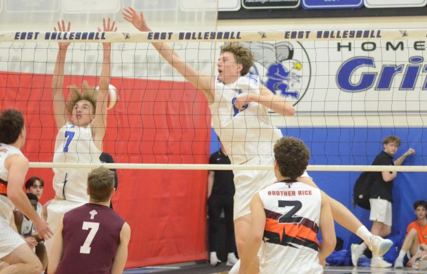 Lincoln-Way East's Carter Geiger, left, and Konrad Swierczek defend against Brother Rice in the semifinals of the Lincoln-Way East Invitational in Frankfort on Saturday, May 3, 2025. (Jeff Vorva / Daily Southtown)