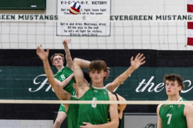 Providence's Jackson Fowler (9) serves against Evergreen Park during a nonconference game in Evergreen Park on Wednesday, May 14, 2025. (Vincent D. Johnson / for the Daily Southtown)