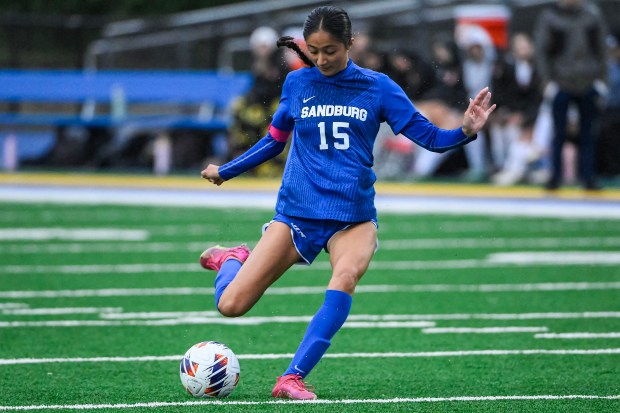 Carl Sandburg senior Gabby Dittmer (15) takes a shot on goal at the Sandburg vs. Stagg Class 3A Joliet Central Regional girls soccer semifinal in Joliet, IL on Wednesday, May 21, 2025. (Andrew Burke-Stevenson/for the Daily Southtown)
