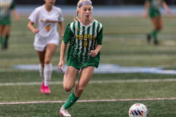 Providence's Gabriella Tylka (8) advances the ball against St. Laurence during the Class 3A Kankakee Sectional final in Kankakee on Friday, May 30, 2025. (Vincent D. Johnson / for the Daily Southtown)