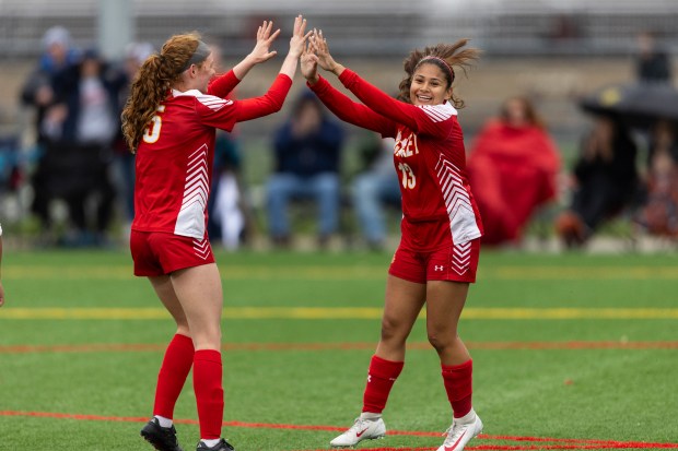 Mother McAuley's Emily Kovar (5) high-fives Gabriella Del Bosque (13) after her goal during the Class 3A Mother McAuley Regional semifinal in Chicago on Tuesday, May 20, 2025. (Vincent D. Johnson / for the Daily Southtown)
