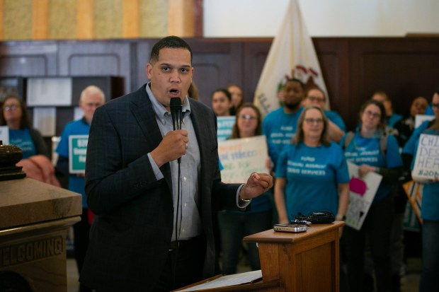 Illinois State Senator Robert Peters speaks at a rally in Springfield, IL. March 20, 2024. (Daryl Wilson/for the Chicago Tribune)