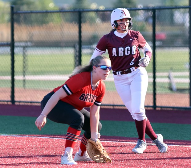 Argo's Jozlynn Pacheco, right, runs to 2nd during the softball game against Bremen in Summit on Thursday, May 8, 2025. (James C. Svehla / for the Daily Southtown)