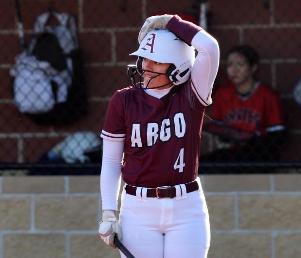Argo's Jozlynn Pacheco gets ready to bat during the baseball against Bremen in Summit on Thursday, May 8, 2025. (James C. Svehla / for the Daily Southtown)