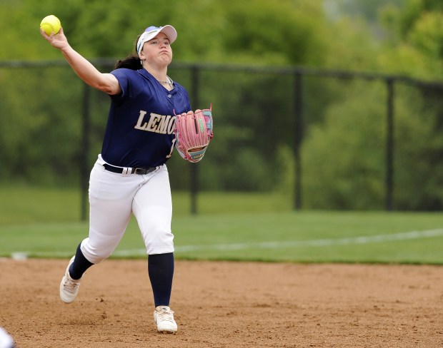 Lemont's third baseman Natalie Pacyga (18) throws to first for the out against Oak Lawn during a South Suburban Conference game Wednesday, May 21, 2025 in Lemont, IL. (Steve Johnston/for the Daily Southtown)