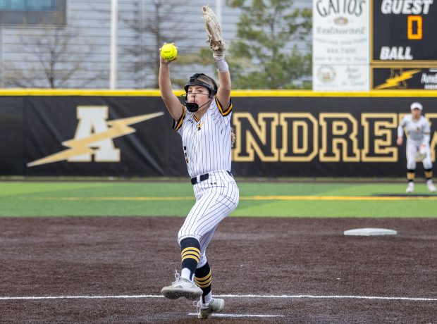 Andrew's Bella Pauls (3) pitches the ball against Lincoln-Way West during a Southwest Suburban Conference game in Tinley Park on Monday, May 5, 2025. (Troy Stolt for the Daily Southtown)