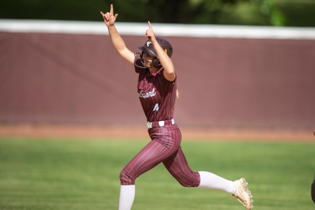 Lockport's Rheanna Slavicek (4) circles the bases with a lead-off home run against Lincoln-Way West during a Southwest Suburban Conference game in Lockport on Friday, May 16, 2025. (Vincent D. Johnson / for the Daily Southtown)