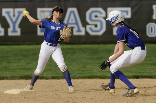 Lincoln-Way East's second baseman Mackenzie Bacha (15) tries to convert a double play as Sandburg's Jaclyn Donnelly (14) comes into second during a SouthWest Suburban Conference game Wednesday, May 7, 2025 in Frankfort, IL. (Steve Johnston/for the Daily Southtown)