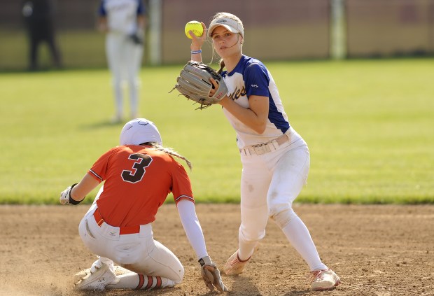 Sandburg's shortstop Zoe Trunk (6) makes the out at second as Shepard's Kailey Selvage (3) as slides in and tries to complete the double play during the Class 4A Shepard Regional semifinal Wednesday, May 28, 2025 in Palos Heights, IL. (Steve Johnston/for the Daily Southtown)